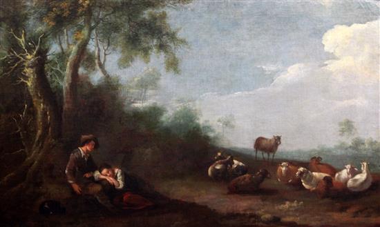 Follower of Nicolaes Berchem (1620-1683) Lovers in a pastoral landscape, 20 x 33in.